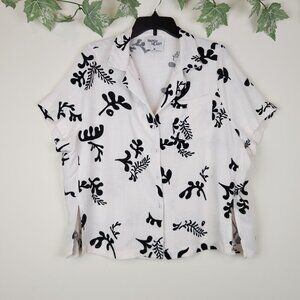 Paper Heart Size M Linen Blend Boxy Cream Black Abstract Short Sleeve Top